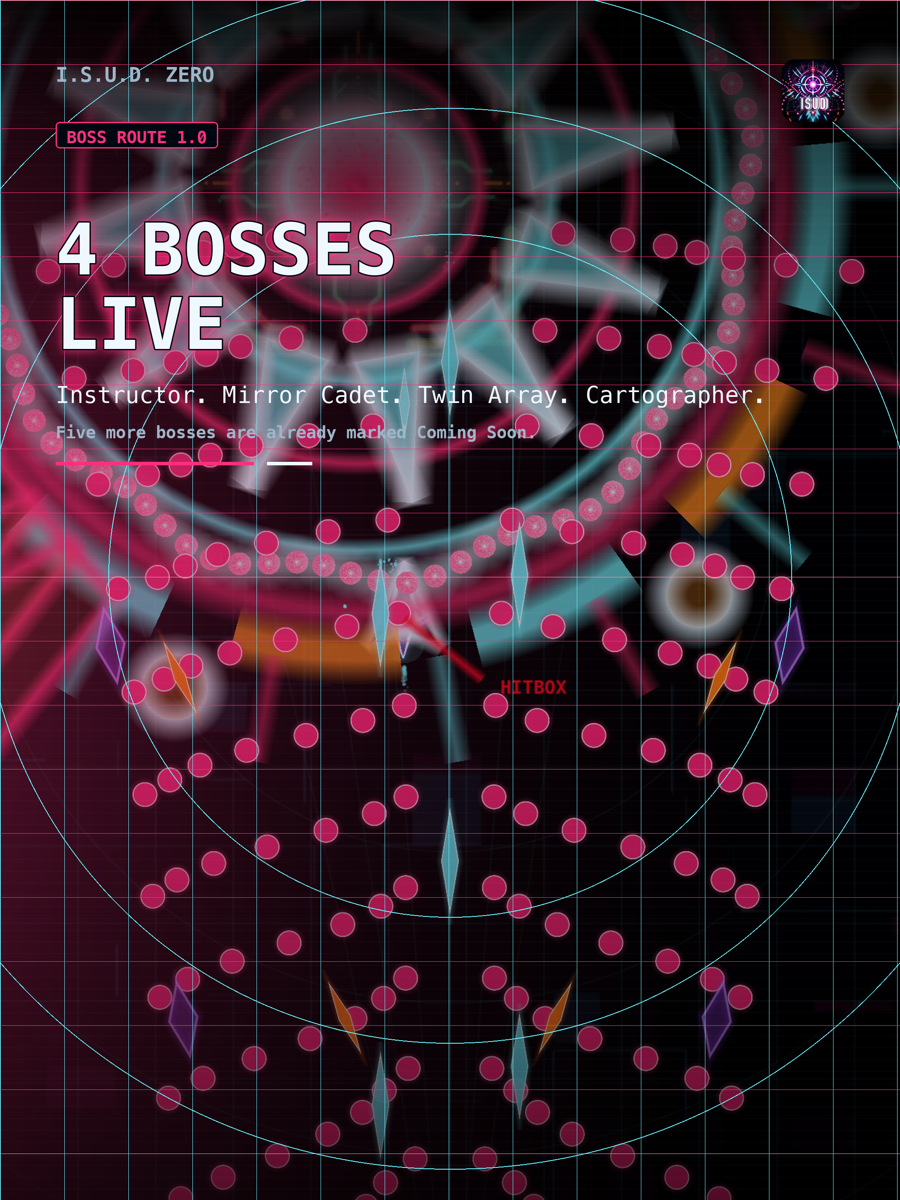 iPad App Store screenshot presenting four live bosses in I.S.U.D. Zero.