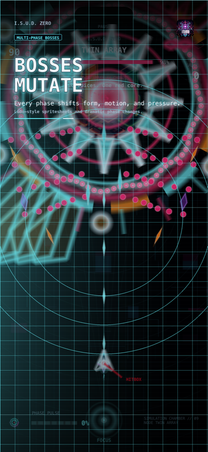Boss phase screenshot with neon mutation and dense bullet patterns.