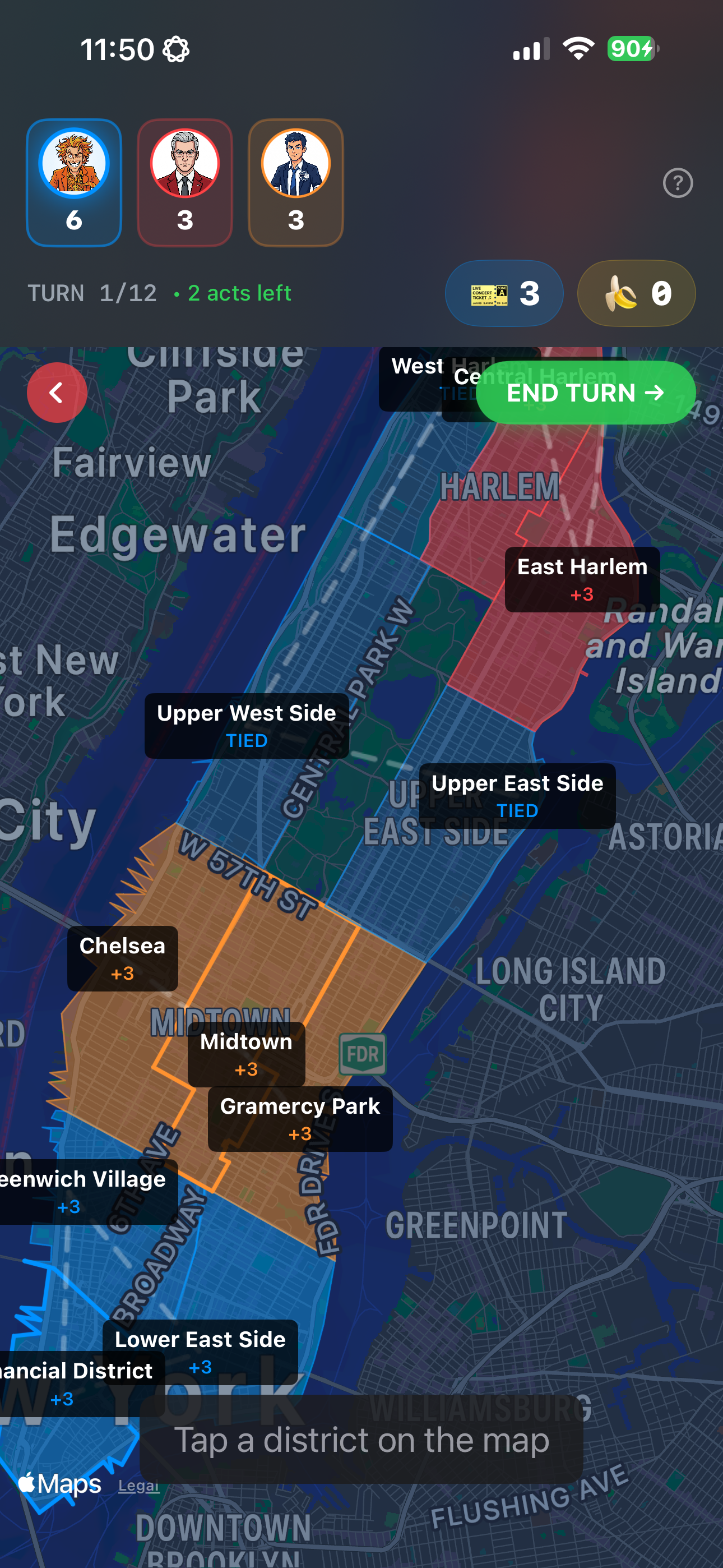 Manhattan gameplay map with districts