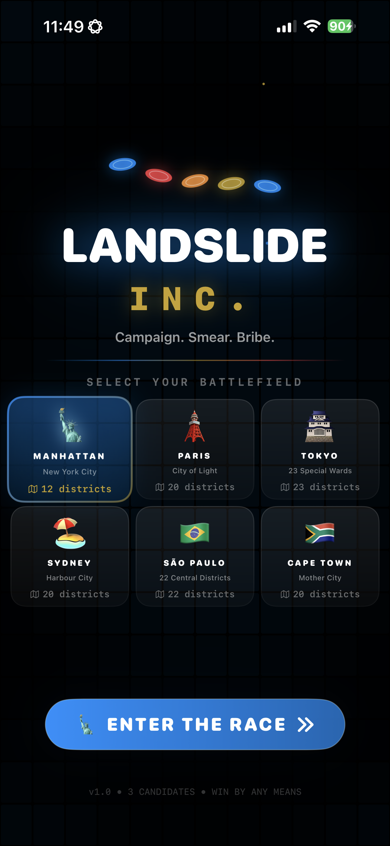 Landslide Inc. city selection screen