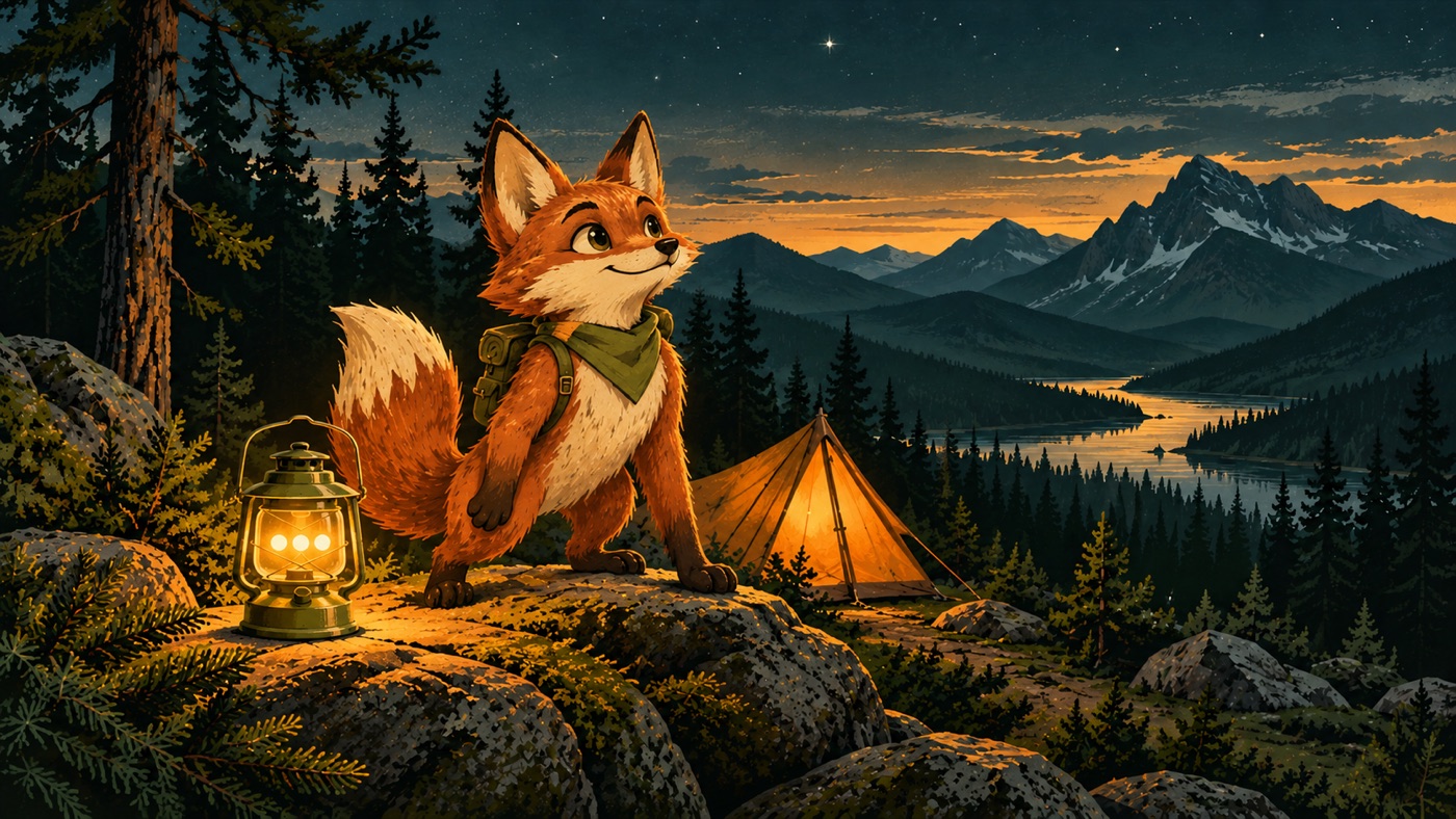 Flint the fox beside a lantern and tent, overlooking a forest lake and mountains at dusk.