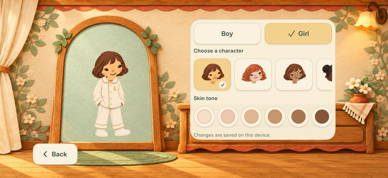 Oonmoon’s landscape character selection screen with appearance and skin tone options