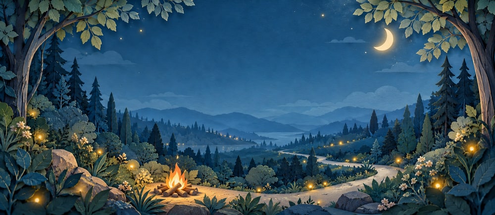 Moonlit paper forest with a crescent moon and glowing campfire