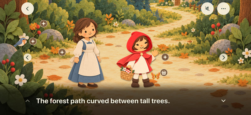 Oonmoon’s English Little Red Riding Hood reader, showing the forest path, characters, narration caption and reading controls