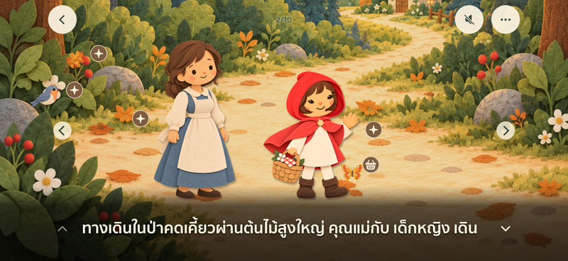 หน้าที่อ่านหนูน้อยหมวกแดงภาษาไทยใน Oonmoon เป็นภาพแนวนอน แสดงทางเดินในป่า ตัวละคร ข้อความบรรยาย และปุ่มควบคุม