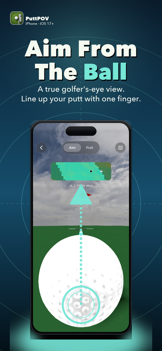PuttPOV aiming view — the camera sits behind a giant golf ball aimed at the flag